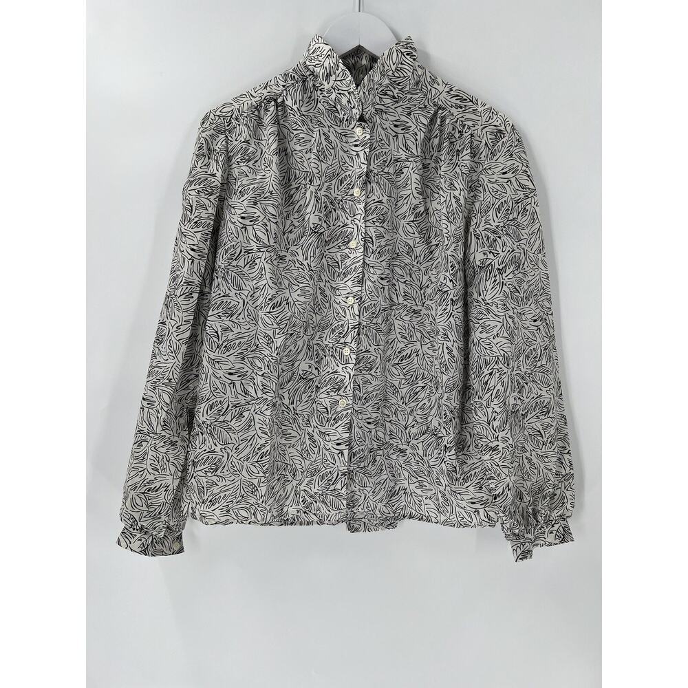 Cape Cod Match Mates Vintage Blouse Womens 14 Black White Leaf Pussybow Neck